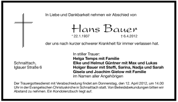 Traueranzeige von Hans Bauer von Pegnitz-Zeitung